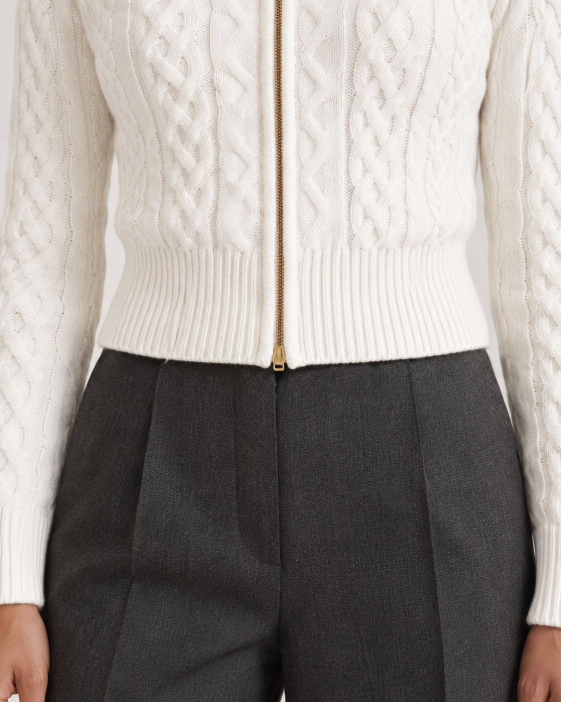 Women's Zip Up Cardigan - Cable Knit Stand Collar Cropped Gold Zip