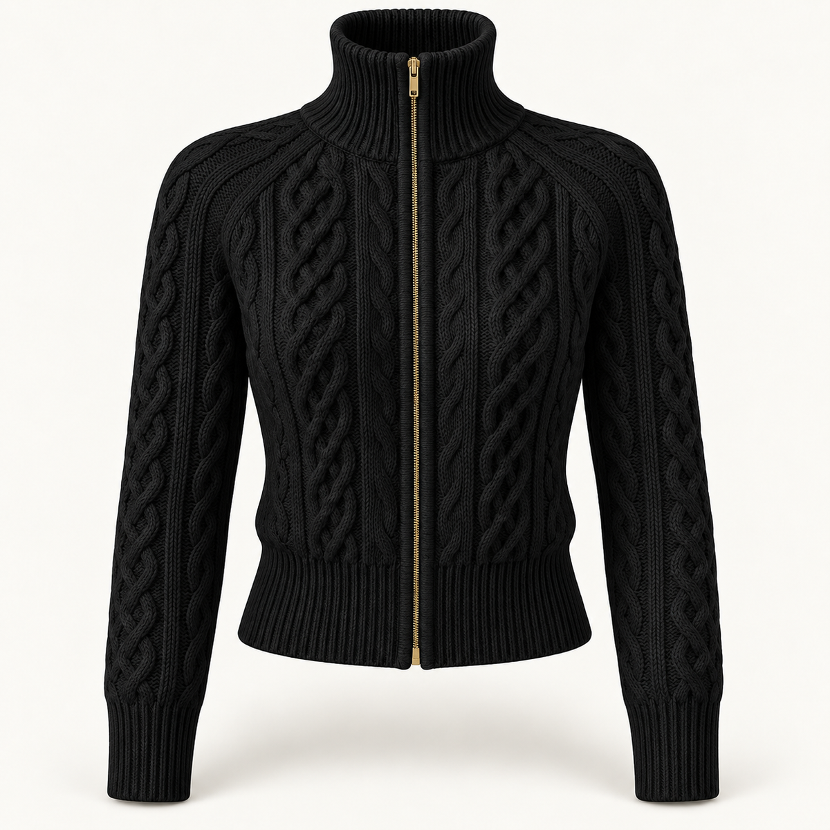 Women's Zip Up Cardigan - Cable Knit Stand Collar Cropped Gold Zip