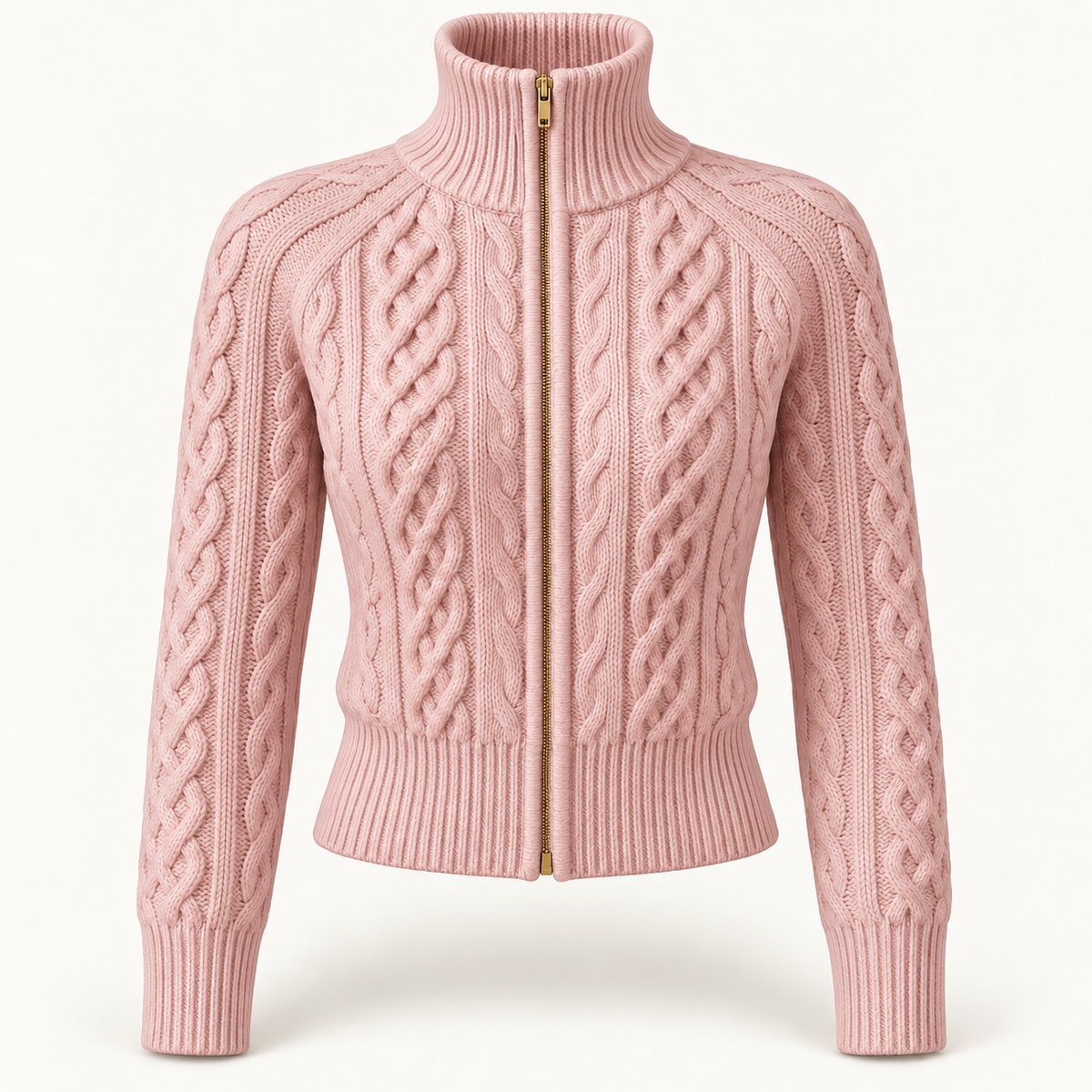 Women's Zip Up Cardigan - Cable Knit Stand Collar Cropped Gold Zip