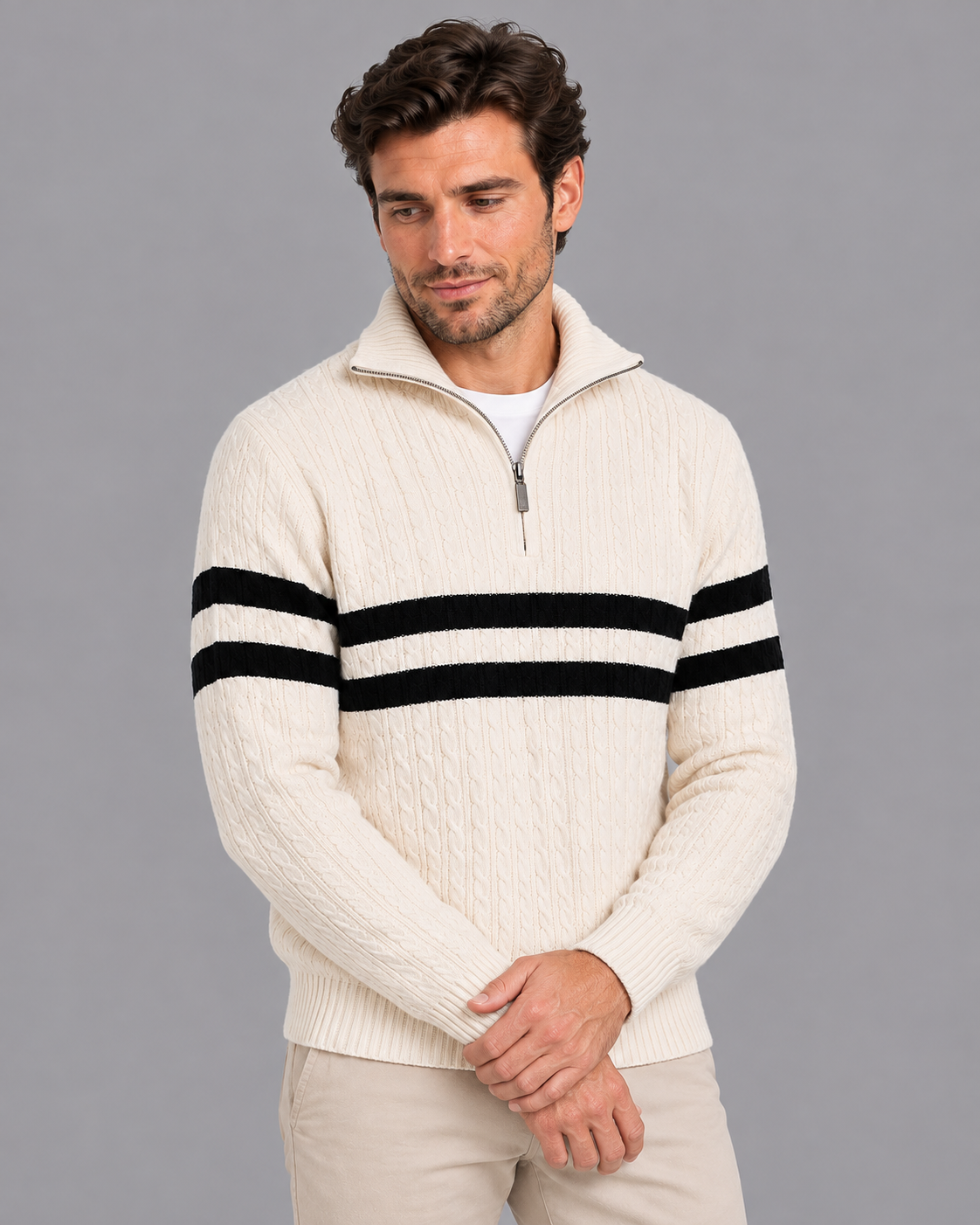 Men's Half Zip Jumper - Cable Knit Wool Blend Contrast Stripe