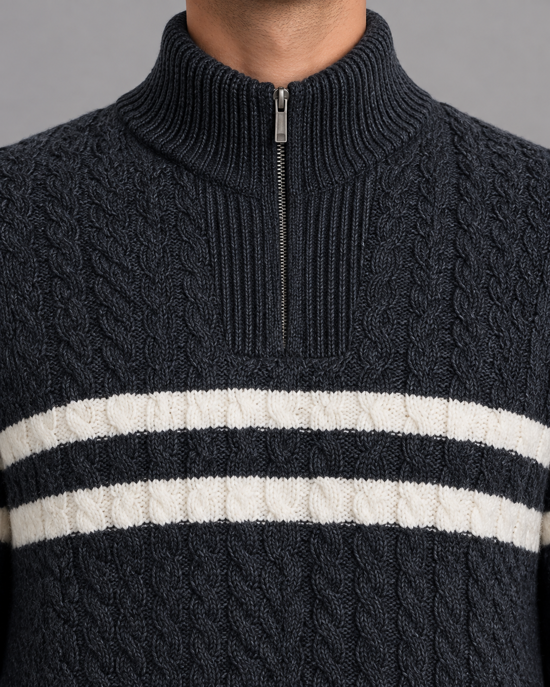 Men's Half Zip Jumper - Cable Knit Wool Blend Contrast Stripe