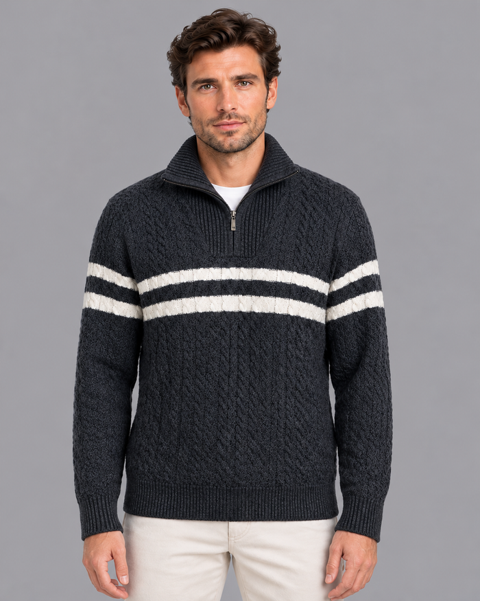 Men's Half Zip Jumper - Cable Knit Wool Blend Contrast Stripe