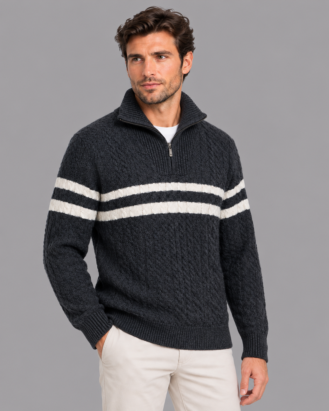 Men's Half Zip Jumper - Cable Knit Wool Blend Contrast Stripe