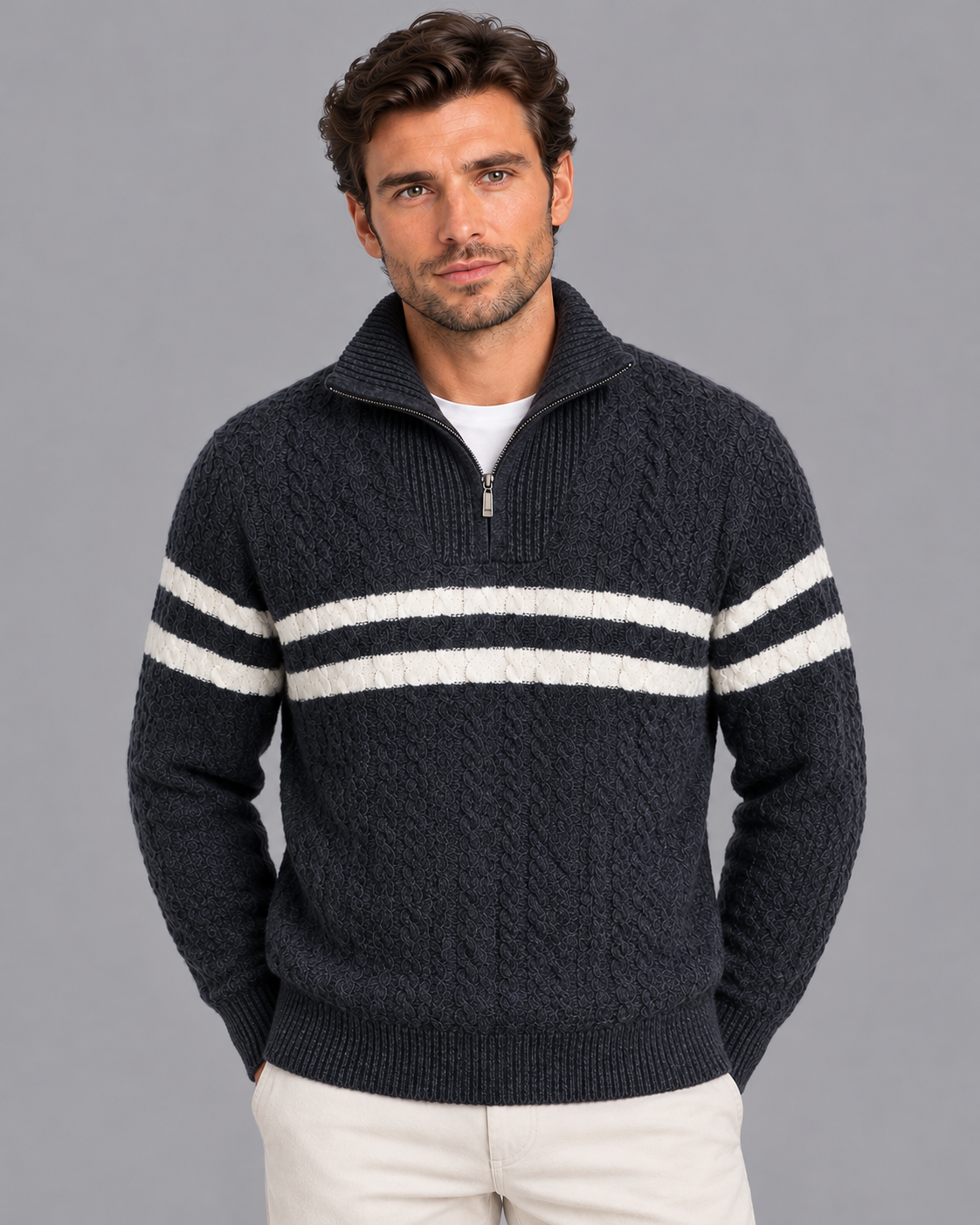 Men's Half Zip Jumper - Cable Knit Wool Blend Contrast Stripe