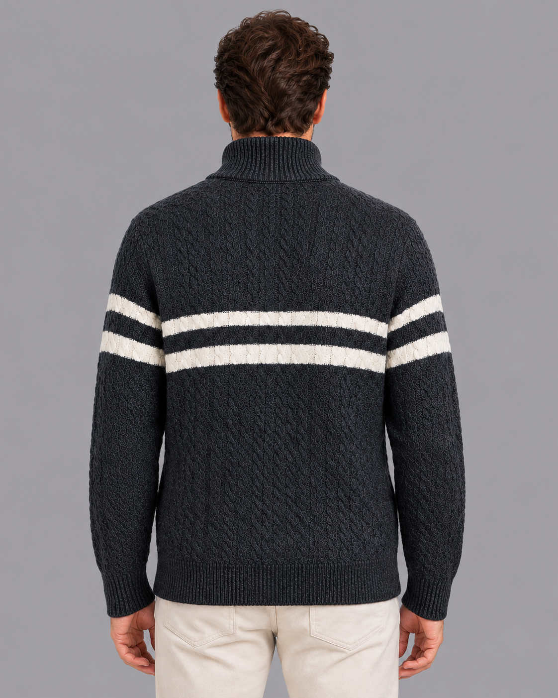 Men's Half Zip Jumper - Cable Knit Wool Blend Contrast Stripe