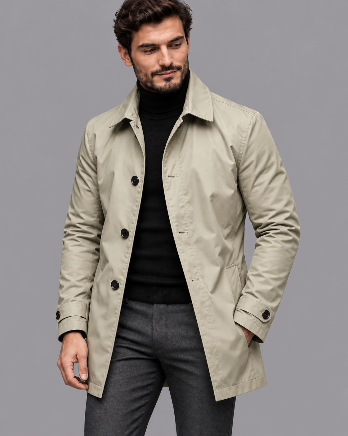 Men's Mac Coat - Water Resistant Button Front Mid Length Jacket