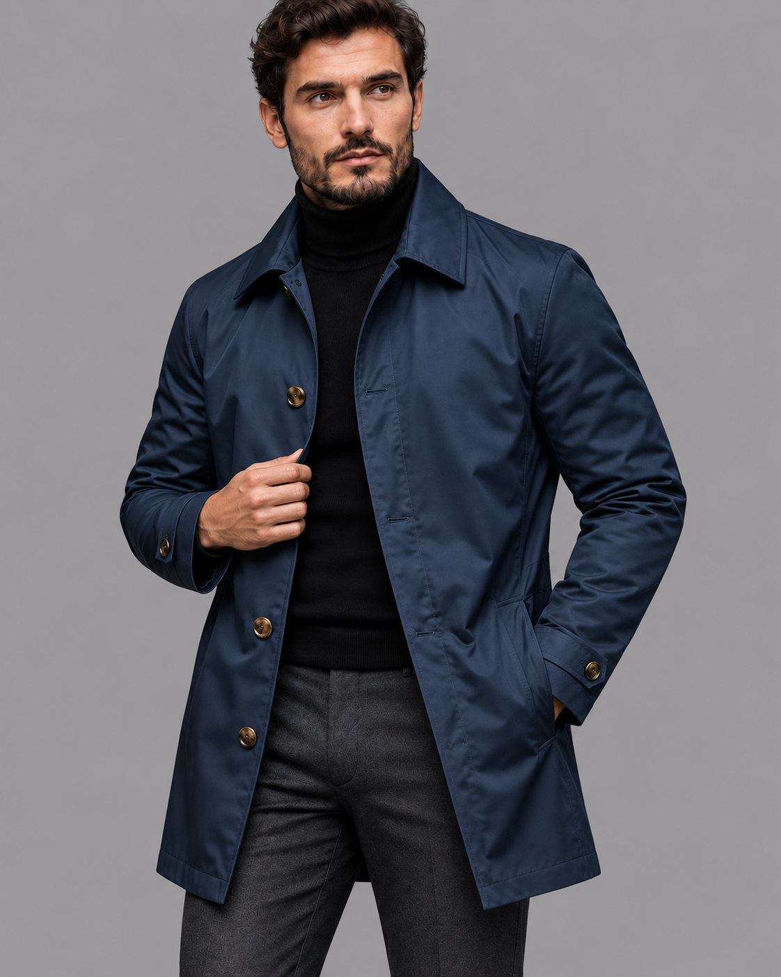 Men's Mac Coat - Water Resistant Button Front Mid Length Jacket