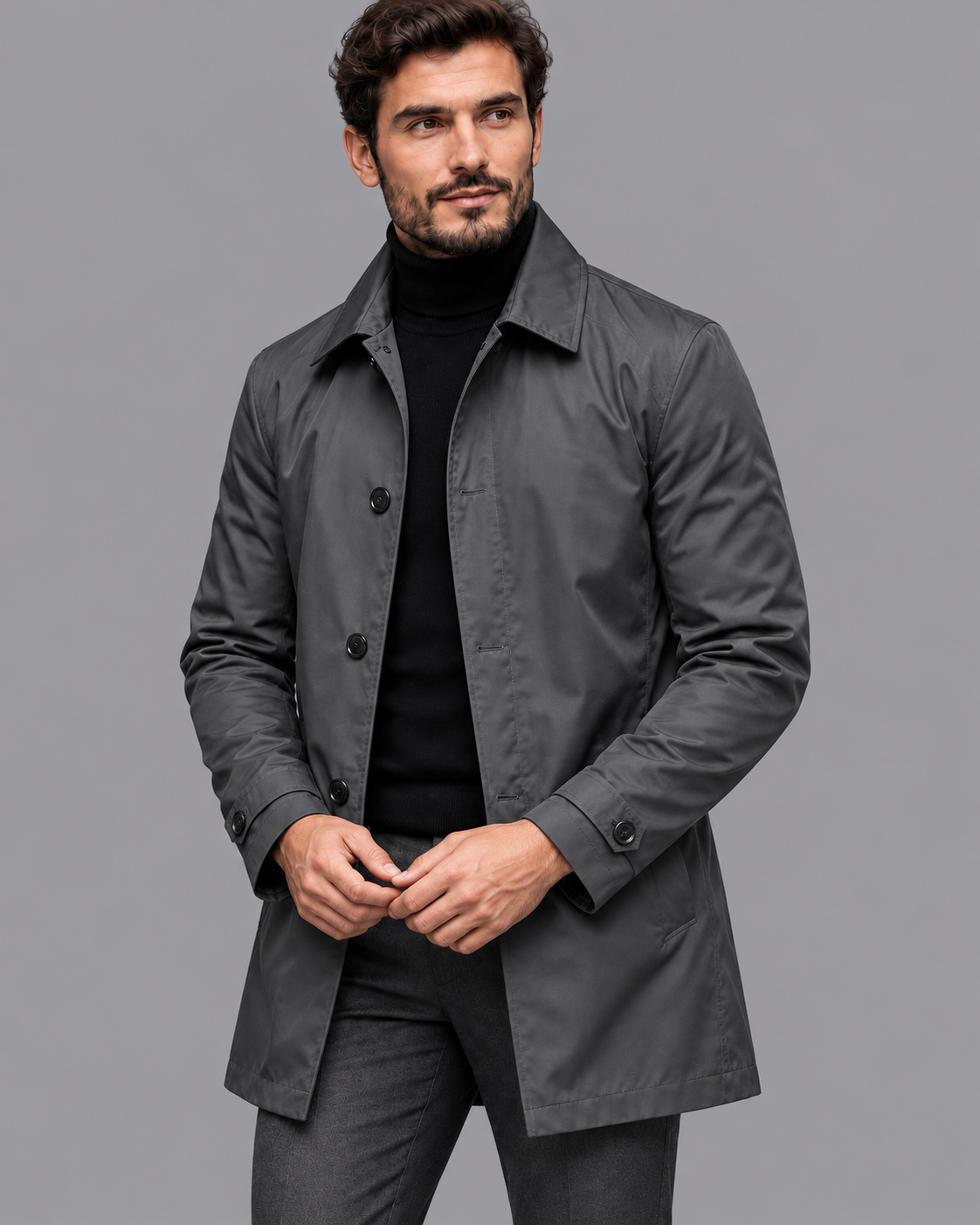 Men's Mac Coat - Water Resistant Button Front Mid Length Jacket