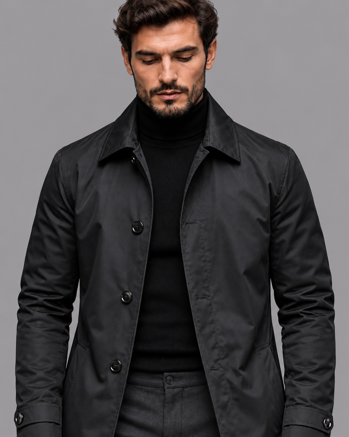 Men's Mac Coat - Water Resistant Button Front Mid Length Jacket