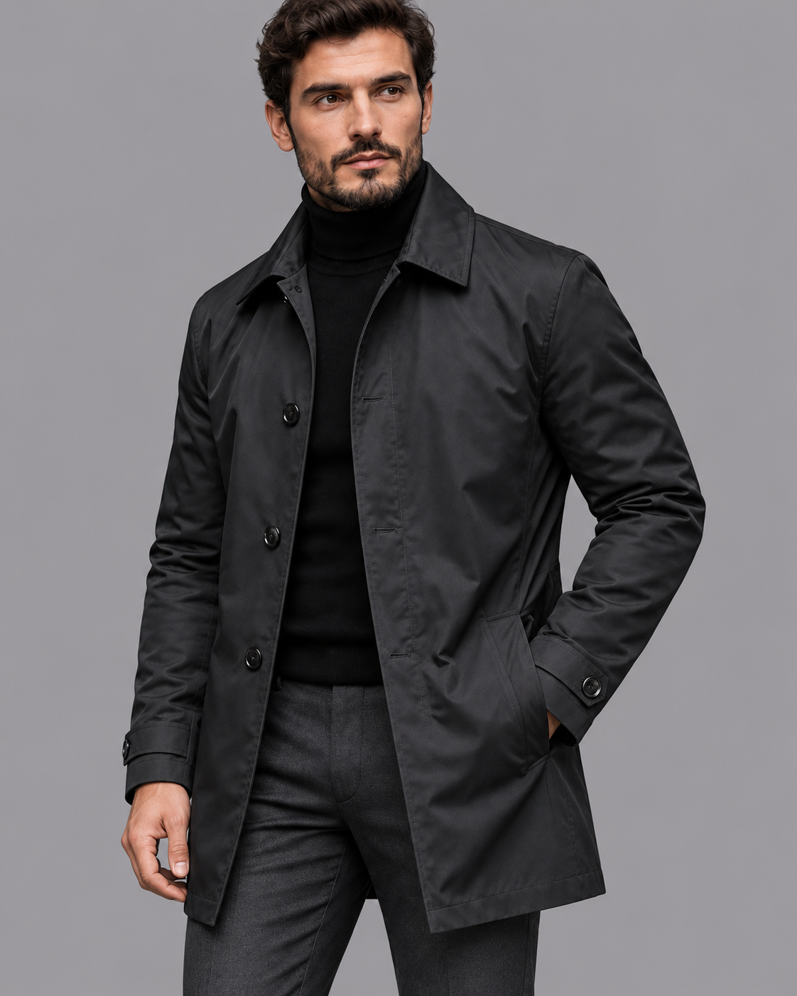 Men's Mac Coat - Water Resistant Button Front Mid Length Jacket
