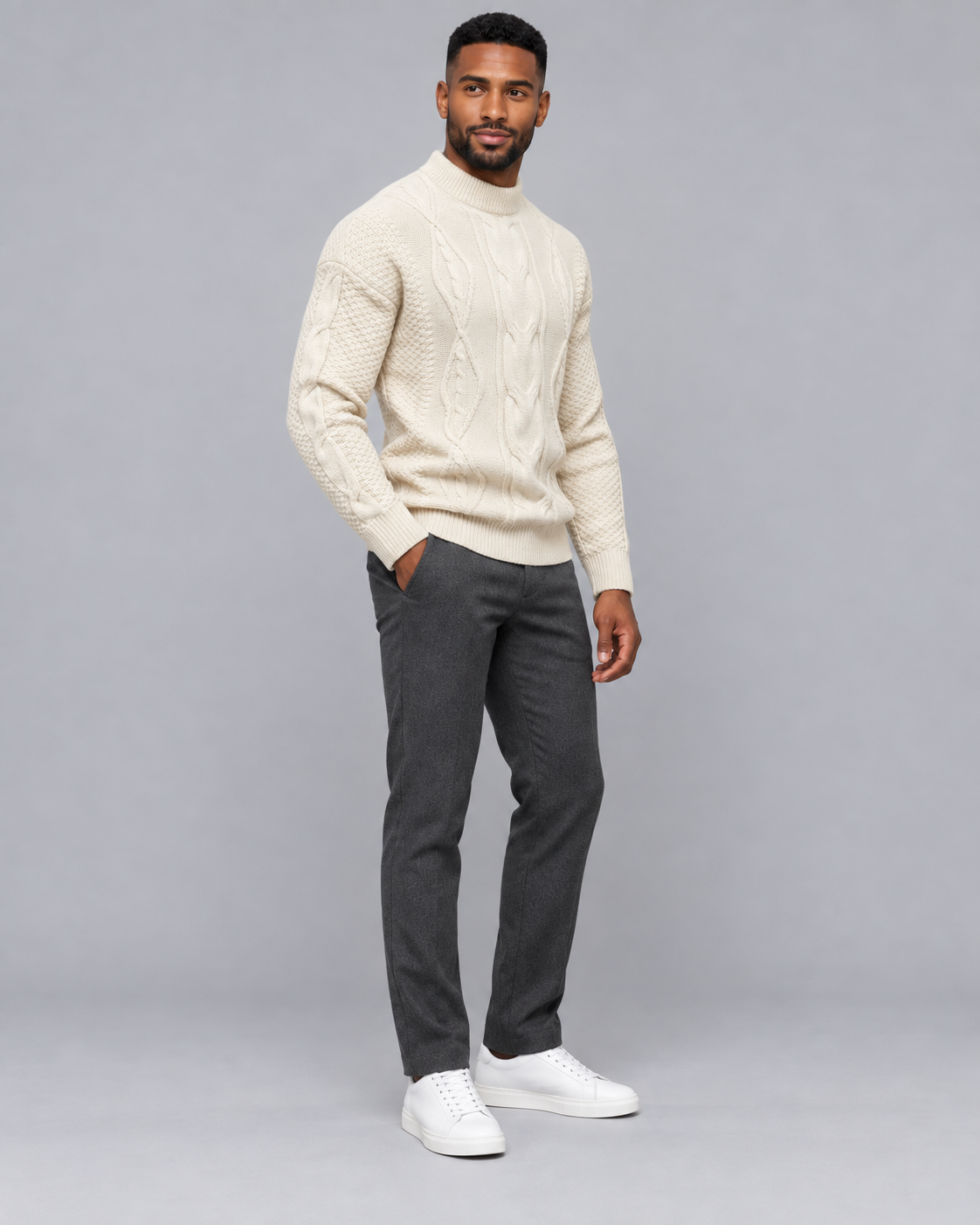 Men's Knitted Jumper - Cable Knit Crew Neck Regular Fit Winter