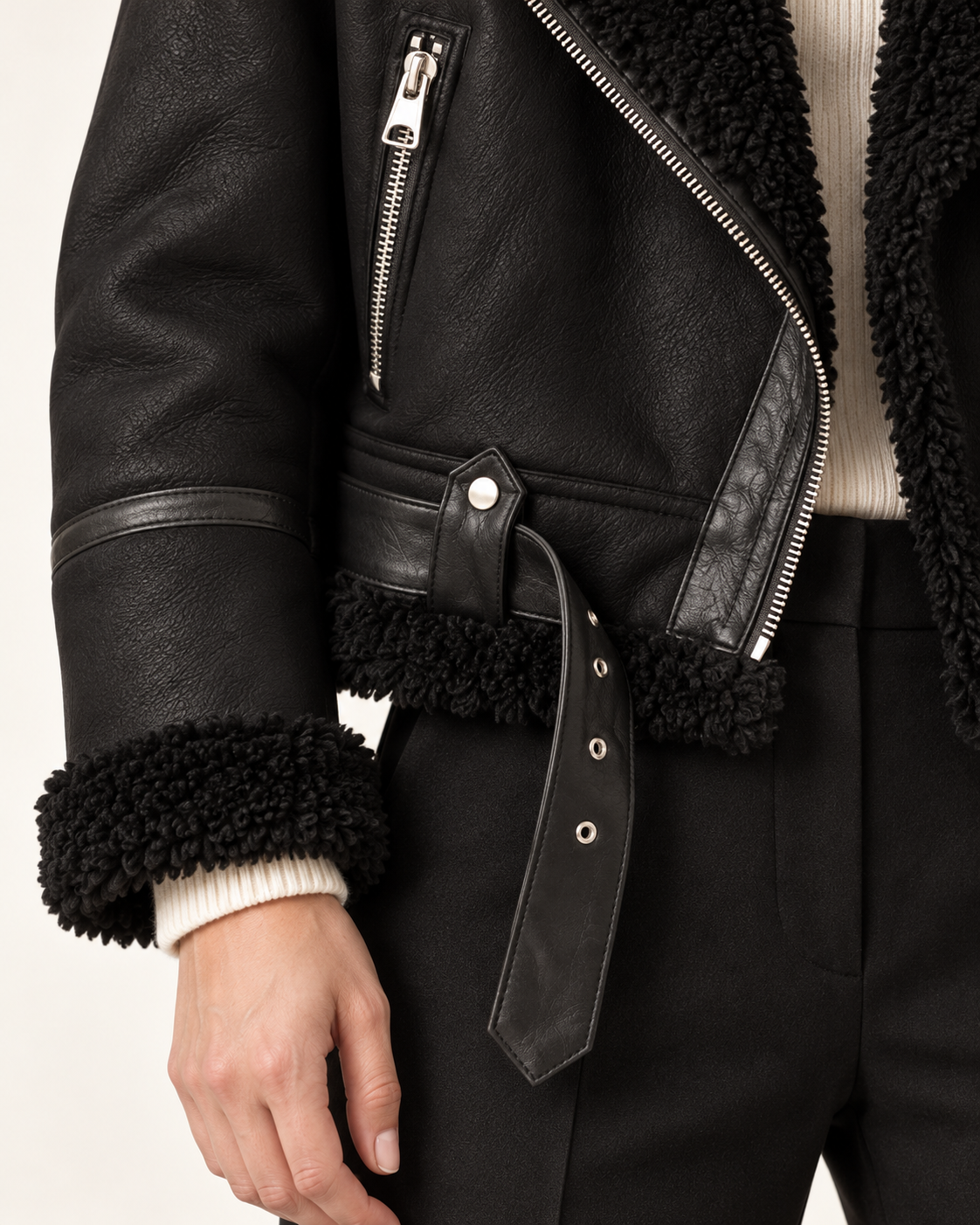 Black zipper belt and cuff detail