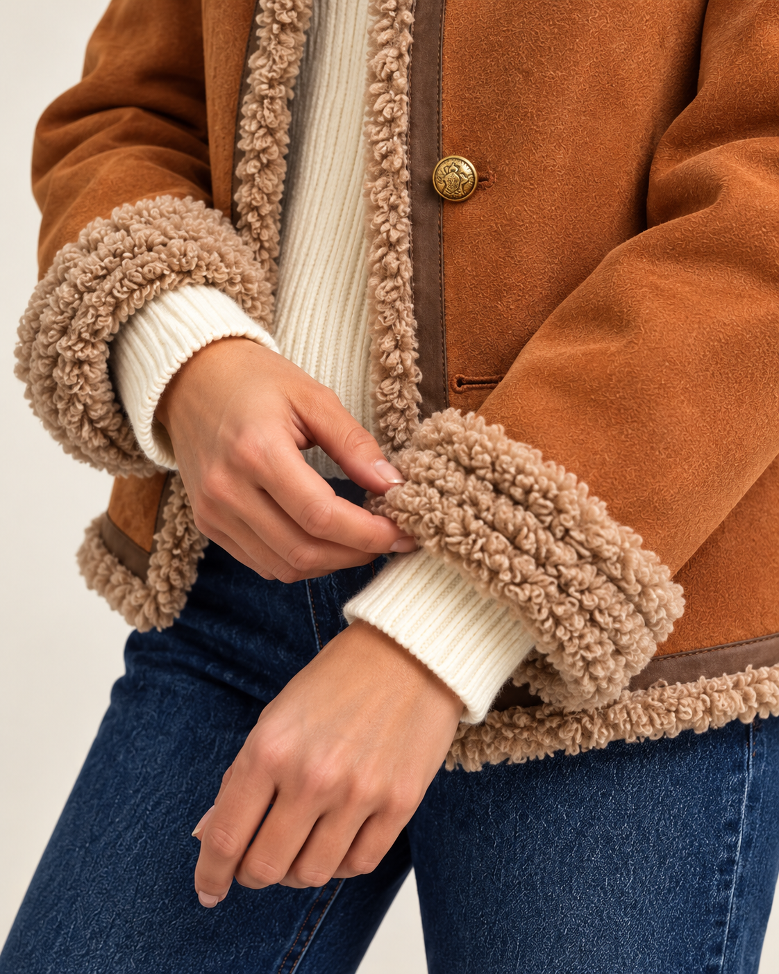 Brown sherpa cuff and button detail