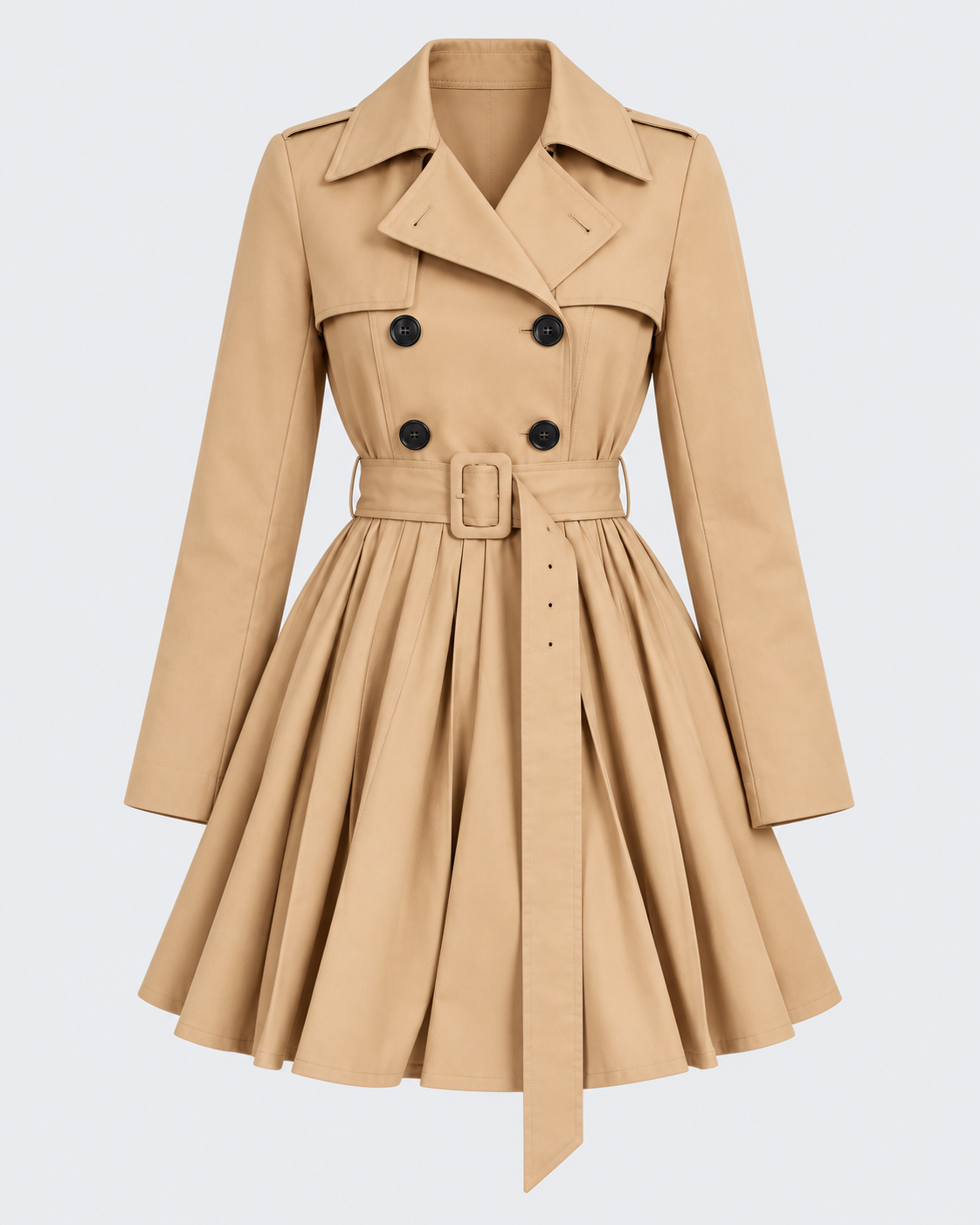 Women's Short Trench Coat - Double Breasted Belted Pleated Hem