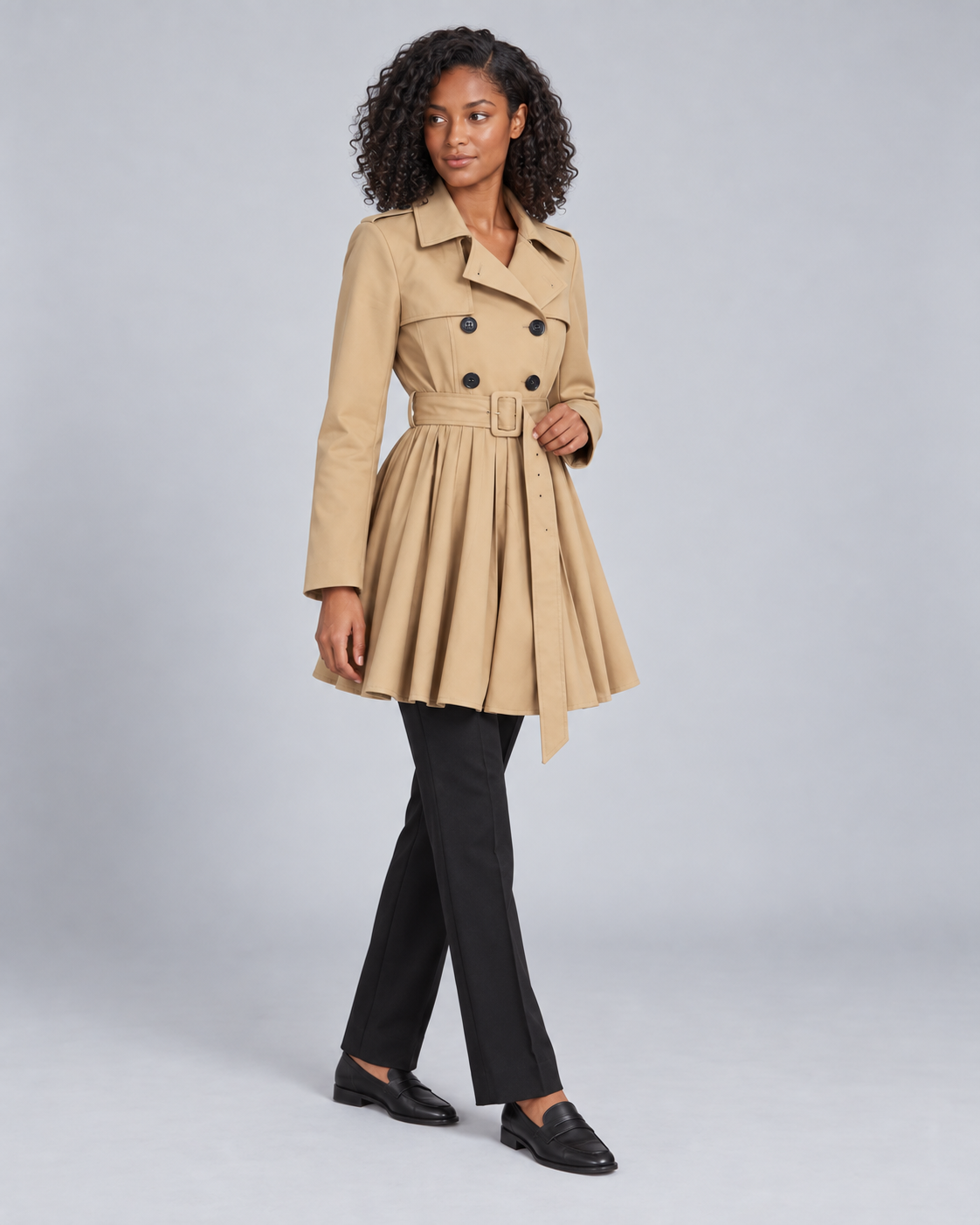 Women's Short Trench Coat - Double Breasted Belted Pleated Hem