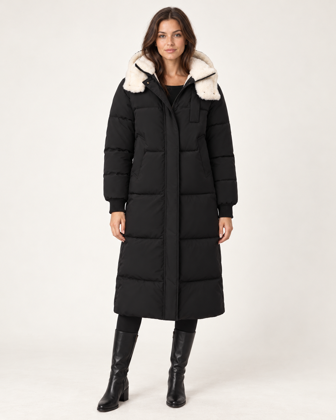 Black long hooded puffer coat - front on model