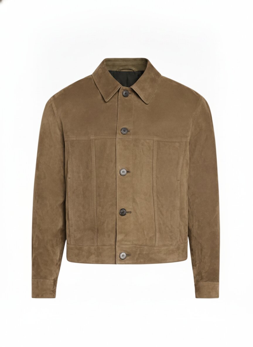Men's Suede Jacket - Shirt Collar Button Closure Outerwear