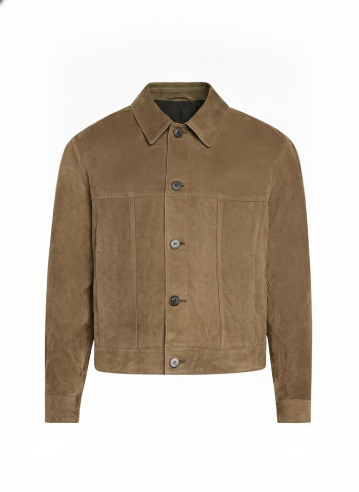 Men's Suede Jacket - Shirt Collar Button Closure Outerwear