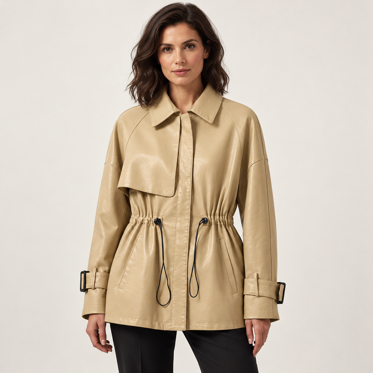 Beige leather jacket — front on model