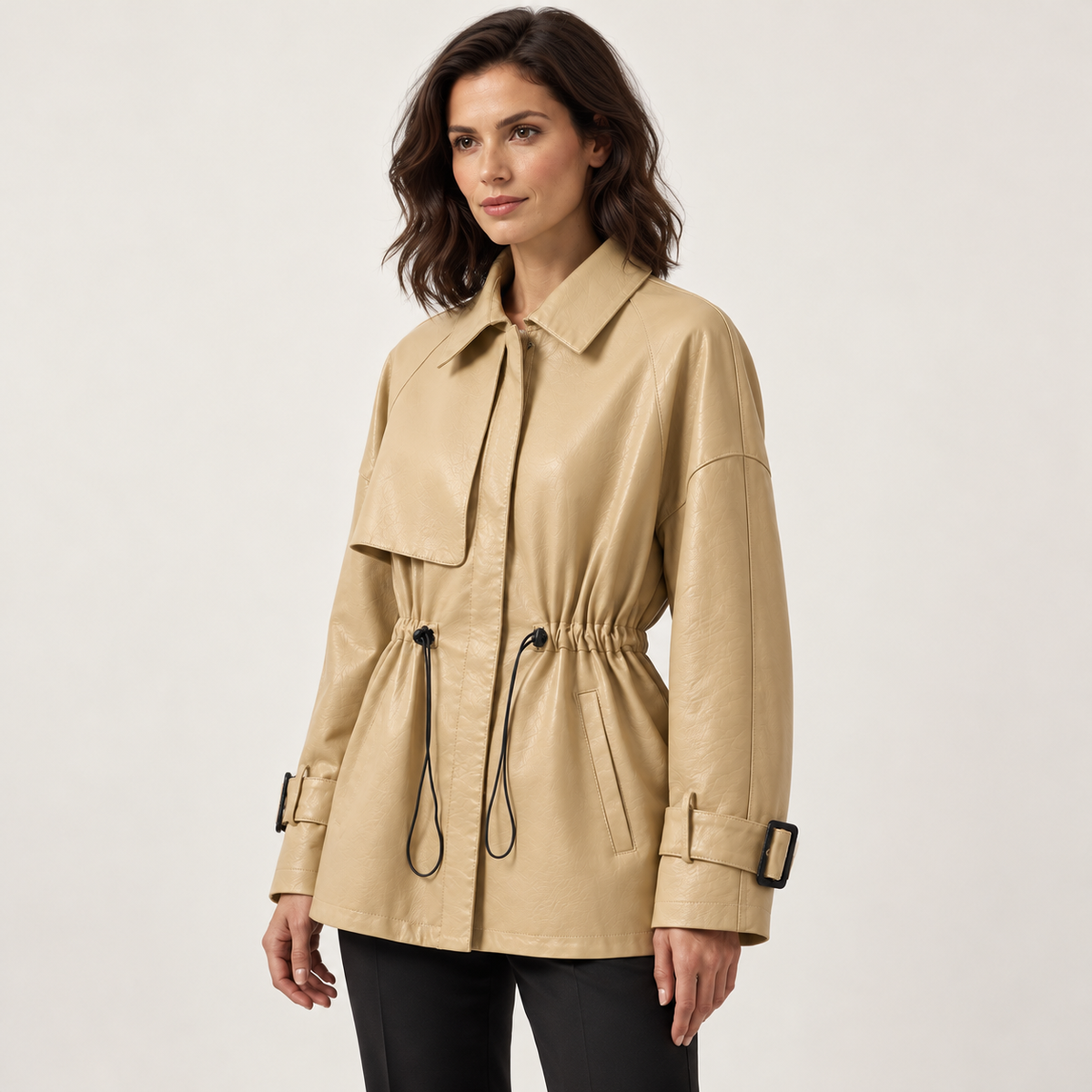 Beige leather jacket — three-quarter on model