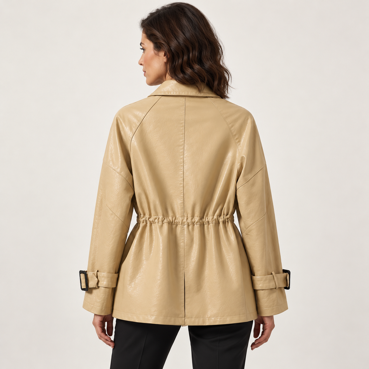Beige leather jacket — back on model