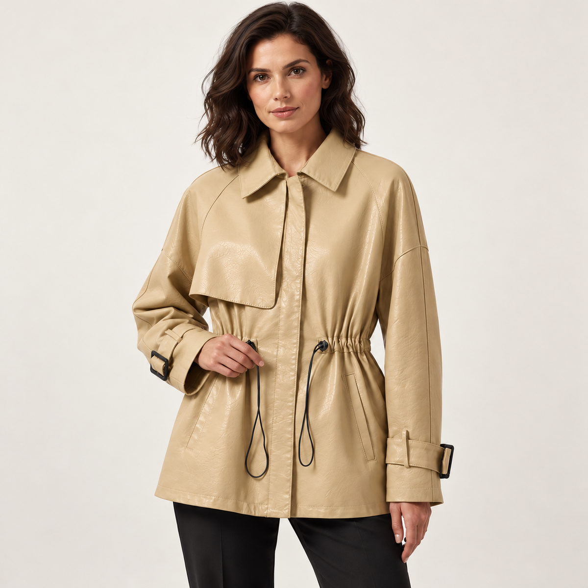 Beige leather jacket — styling on model