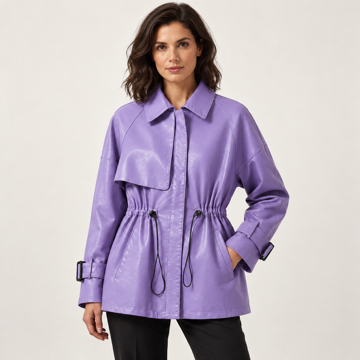 Lilac leather jacket — front on model