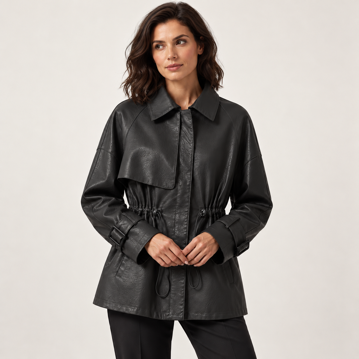 Charcoal leather jacket — front on model