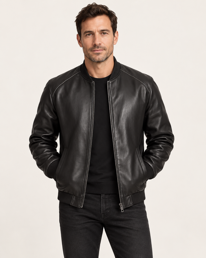 Harevi | Men's Leather Jacket - Zip Front Side Pockets Slim Tailored Fit | Black | front