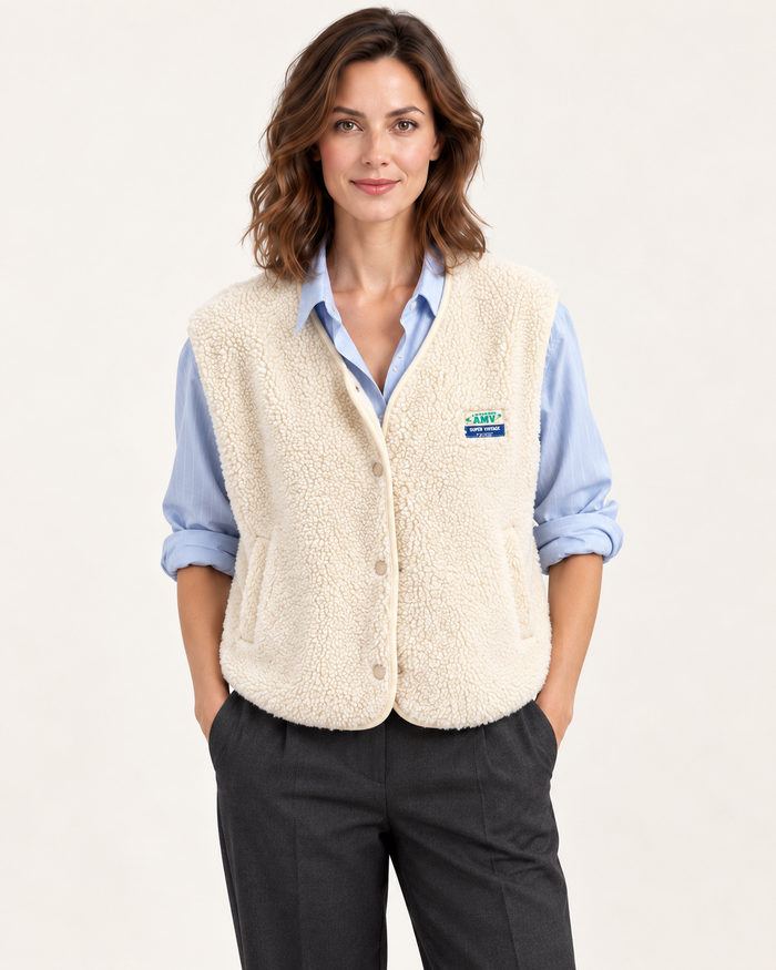 Women's Knitted Waistcoat - Lambswool Button Front Sleeveless Fitted | Beige | front on model