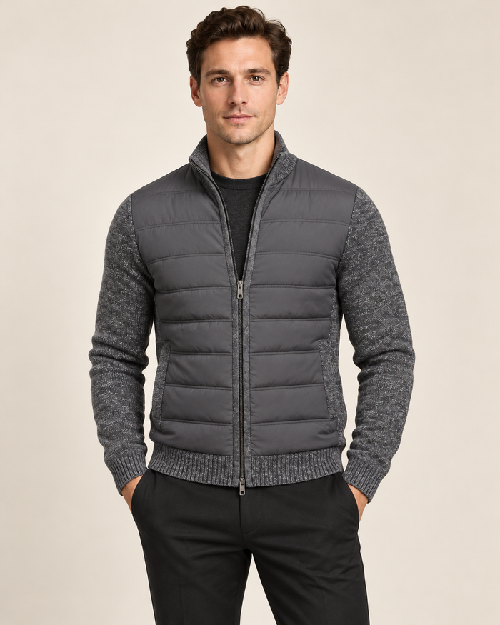 Men's Puffer Jacket - Fleece Sleeves Quilted Fitted Lightweight Layer | Dark Grey | front on model