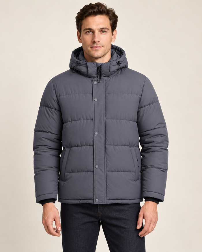 Men's Puffer Jacket - Detachable Hood Short Water Resistant Padded | Charcoal | front