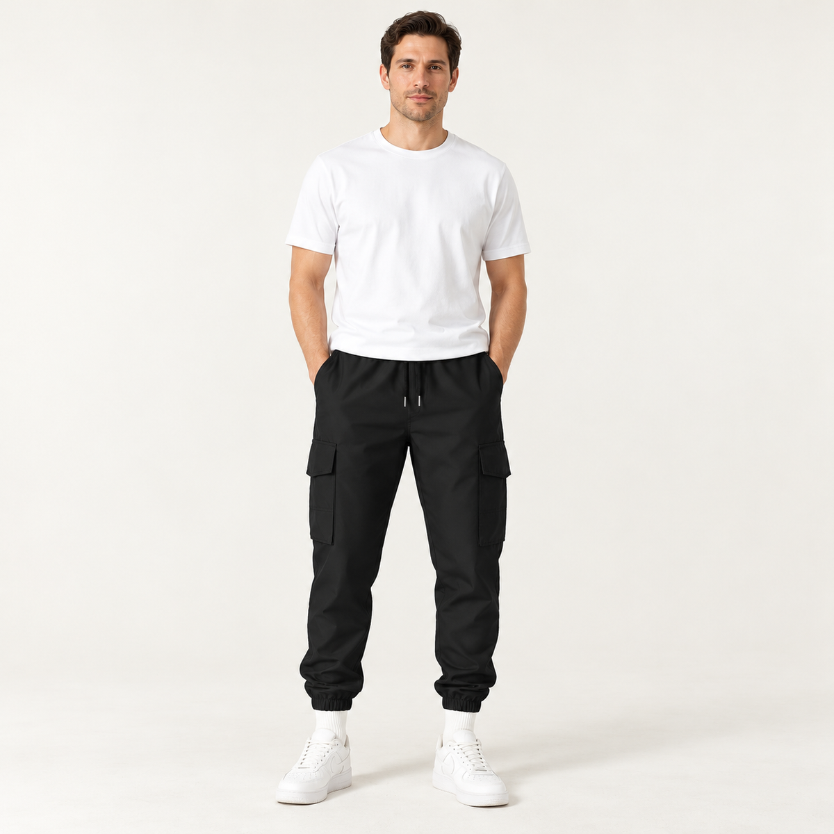 Harevi Men's Cargo Joggers Black - Front on model