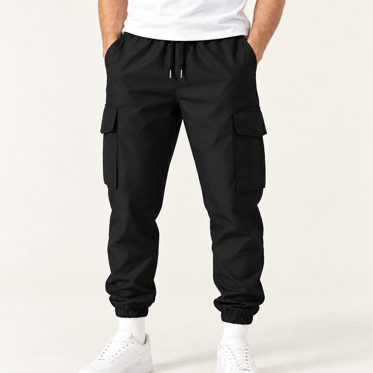 Harevi Men's Cargo Joggers Black - Waist and pocket close-up