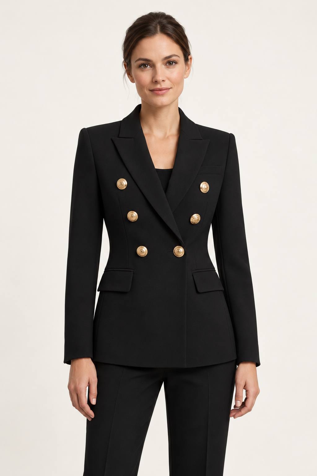 Harevi Women's Double Breasted Gold Button Blazer - Black front