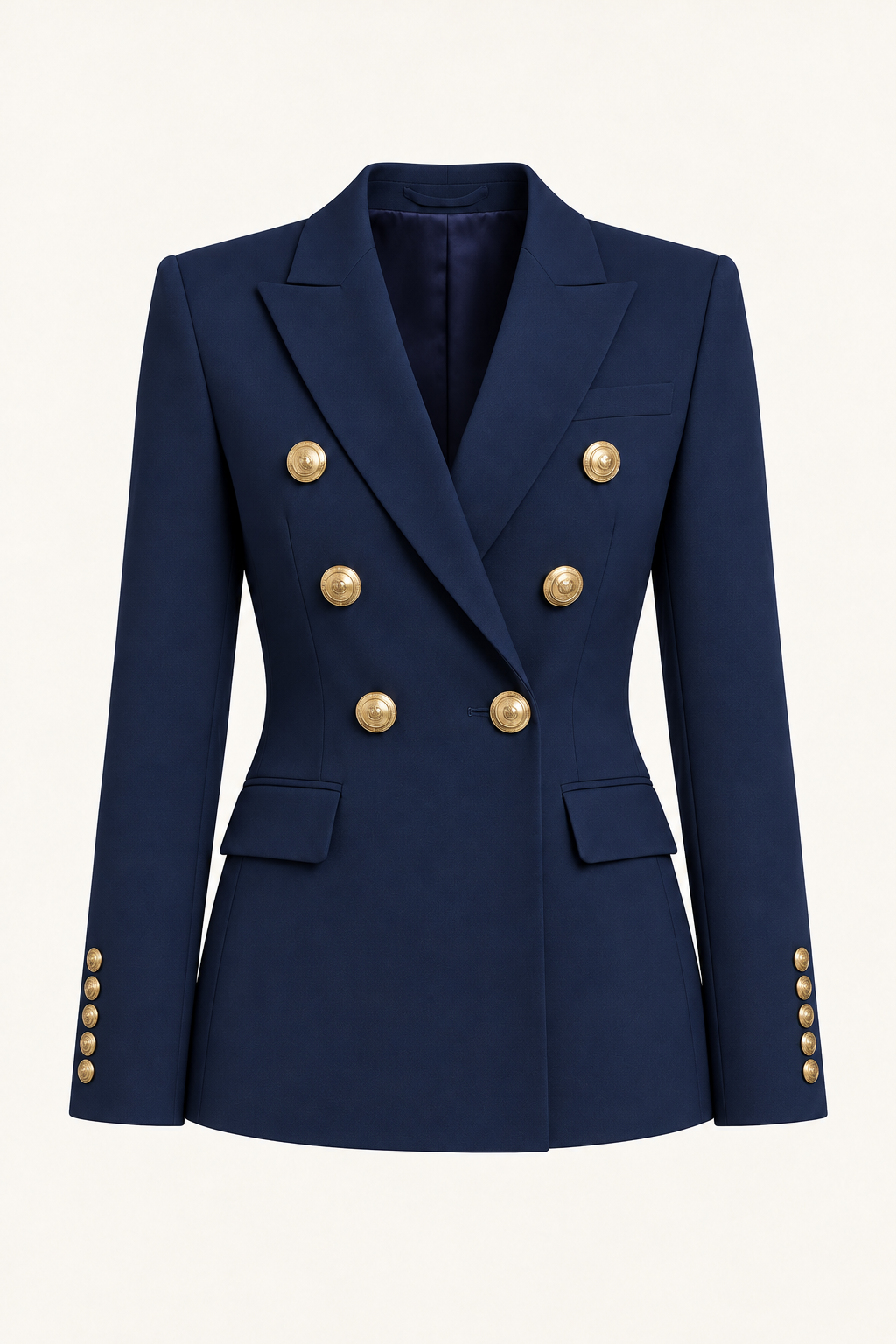 Harevi Women's Double Breasted Gold Button Blazer - Navy ghost mannequin