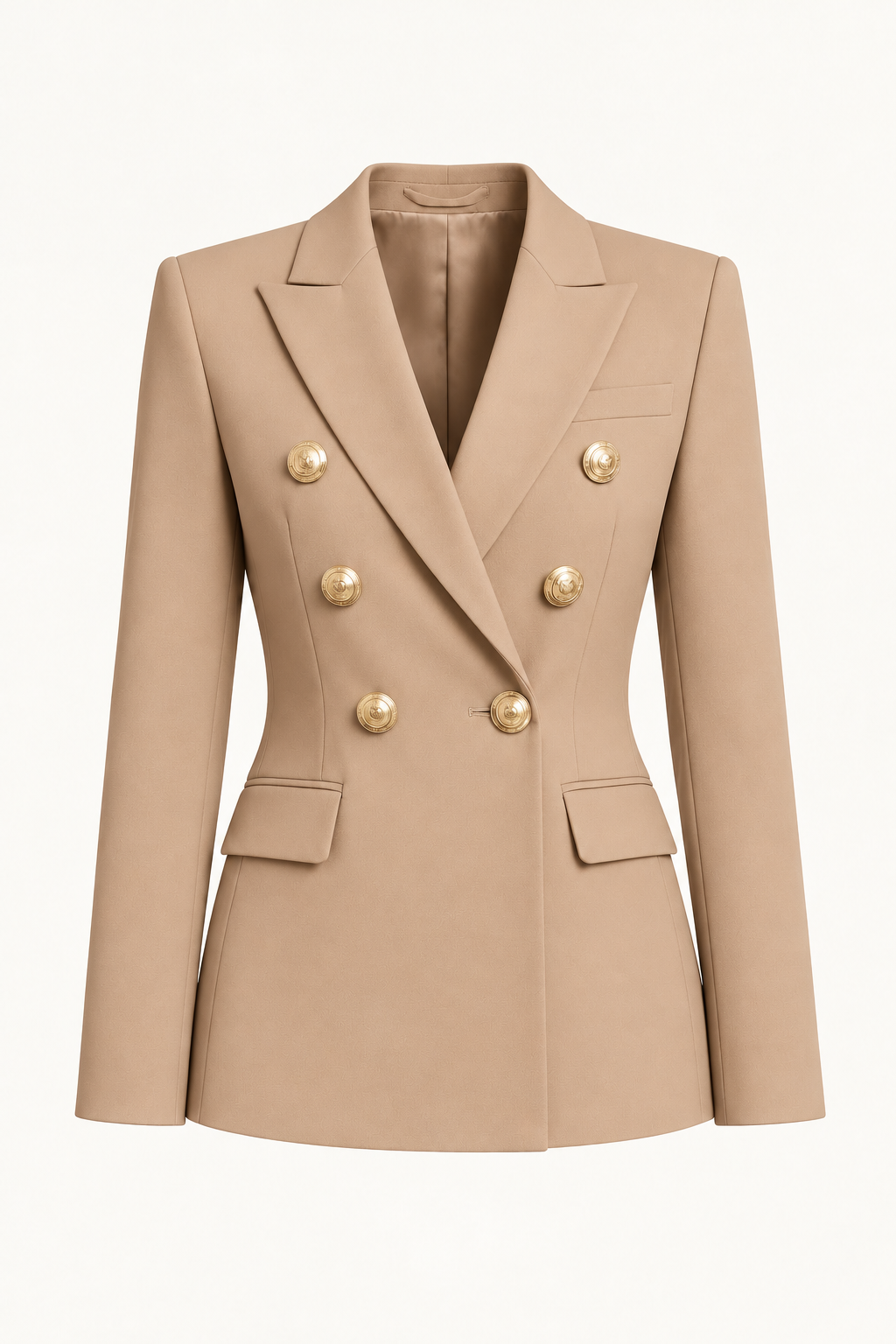 Harevi Women's Double Breasted Gold Button Blazer - Khaki ghost mannequin