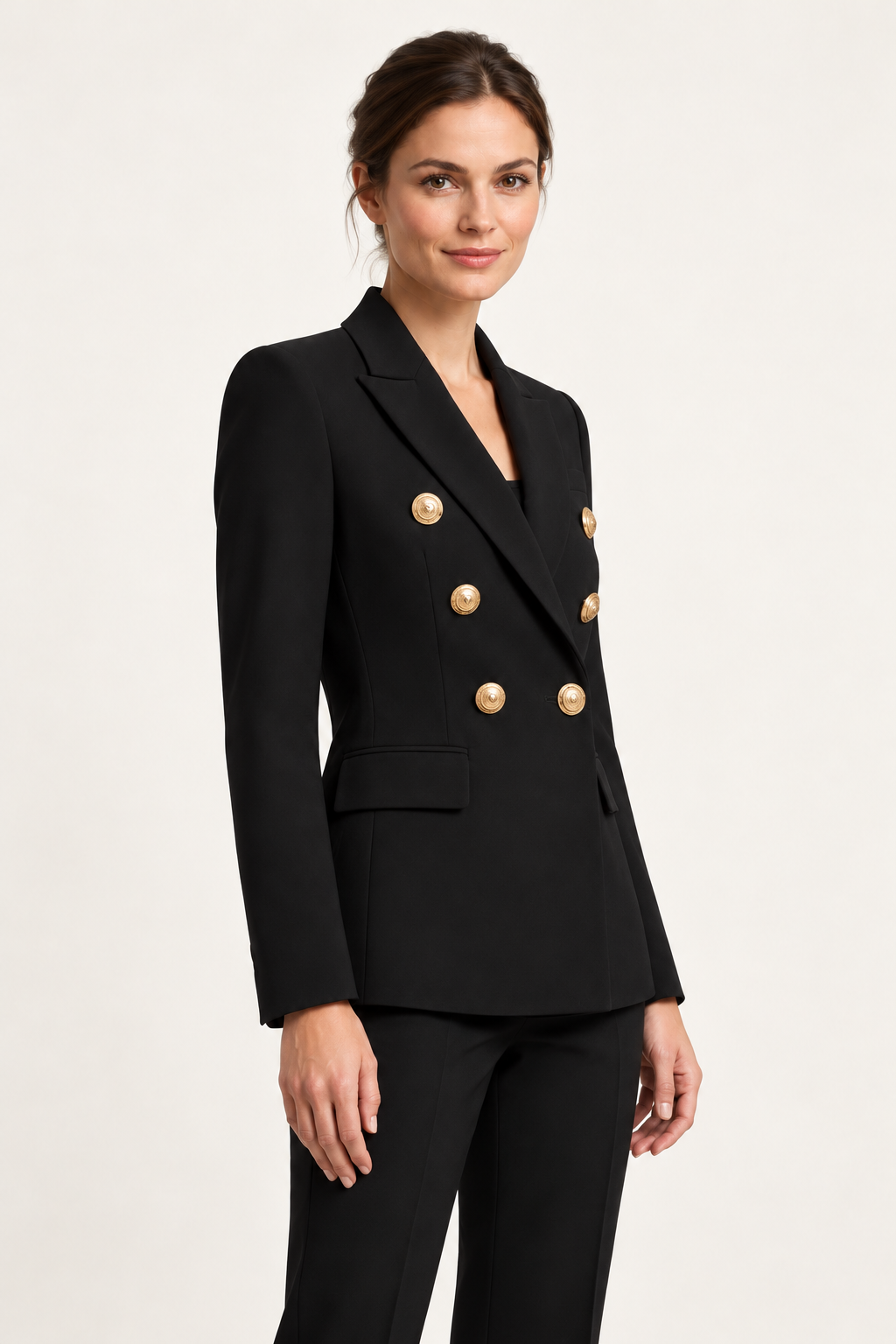 Harevi Women's Double Breasted Gold Button Blazer - Black three-quarter