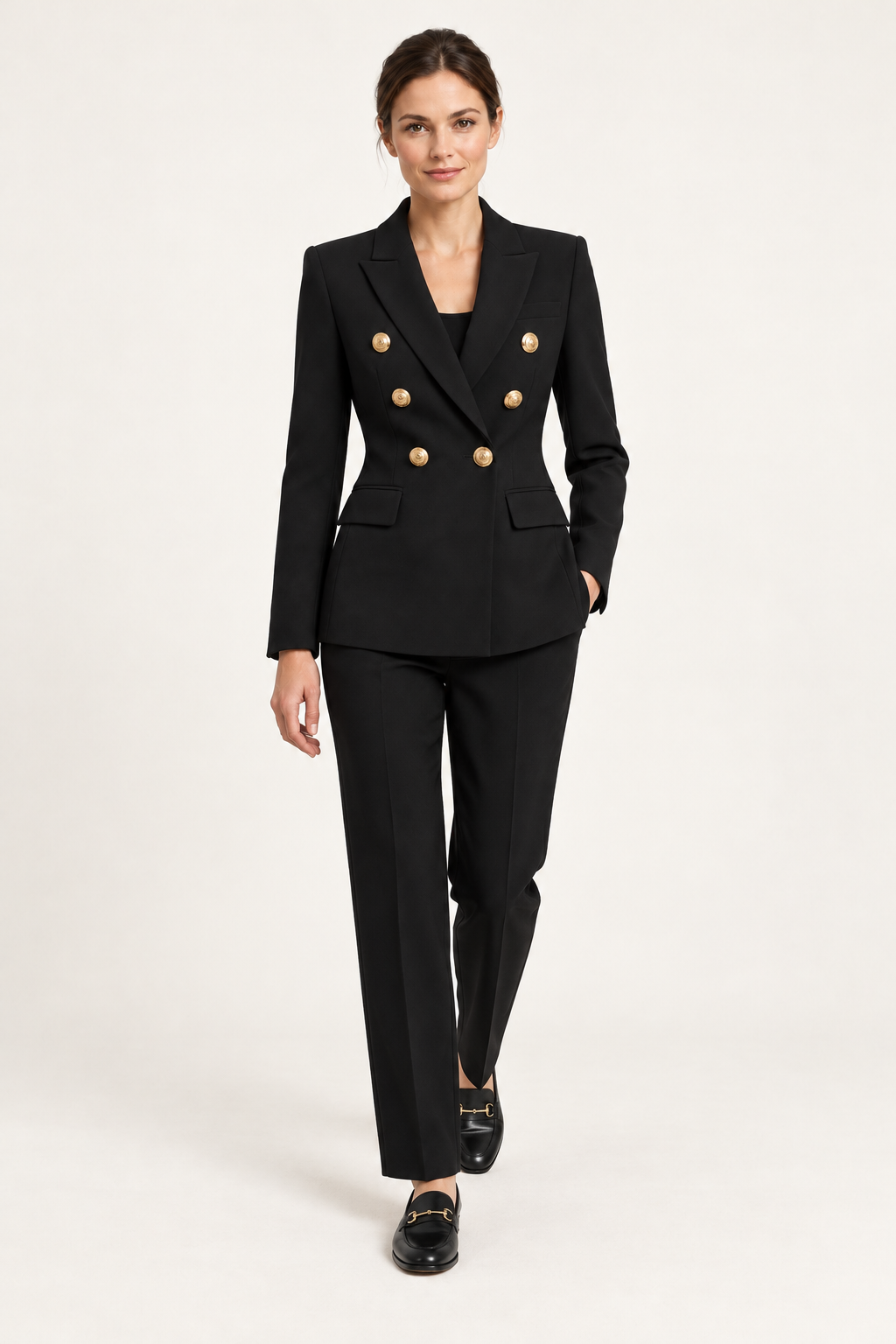 Harevi Women's Double Breasted Gold Button Blazer - Black styling