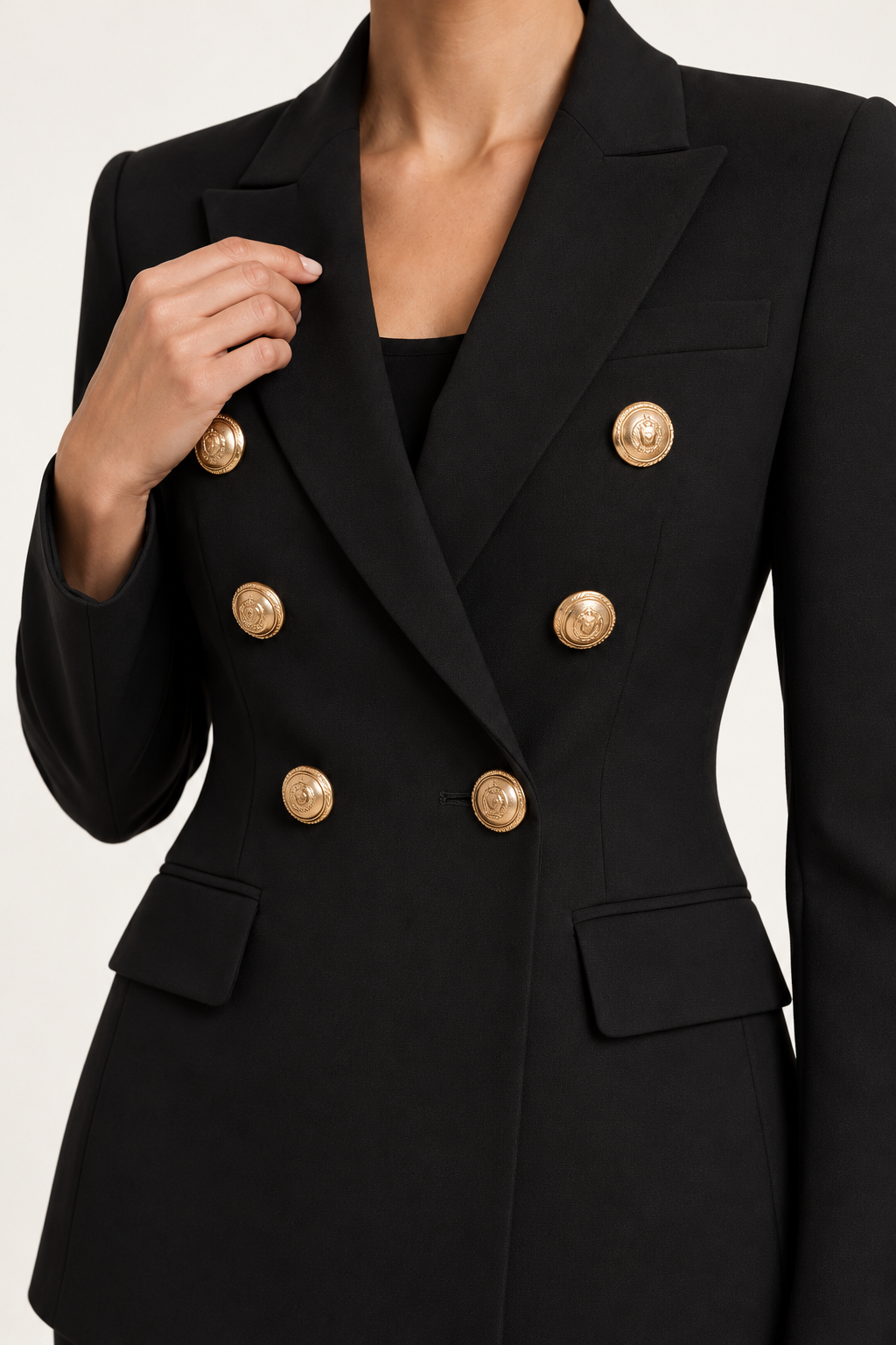 Harevi Women's Double Breasted Gold Button Blazer - Black gold-button detail
