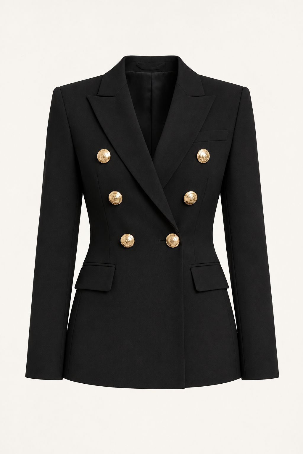 Harevi Women's Double Breasted Gold Button Blazer - Black ghost mannequin