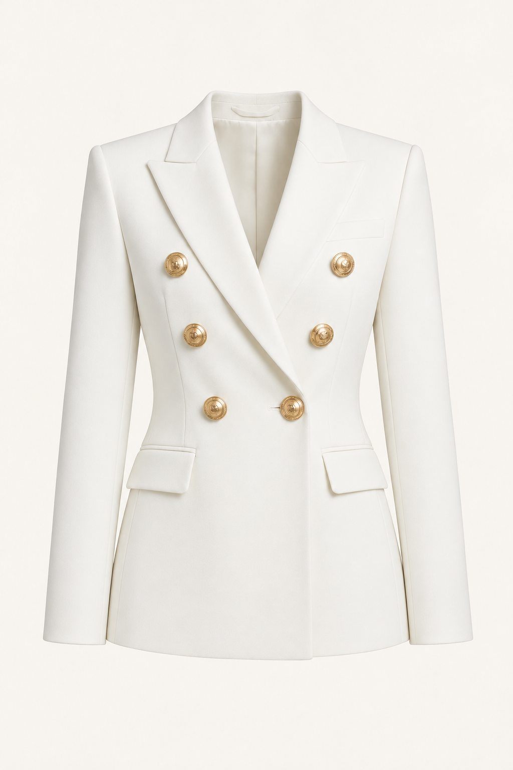Harevi Women's Double Breasted Gold Button Blazer - White ghost mannequin