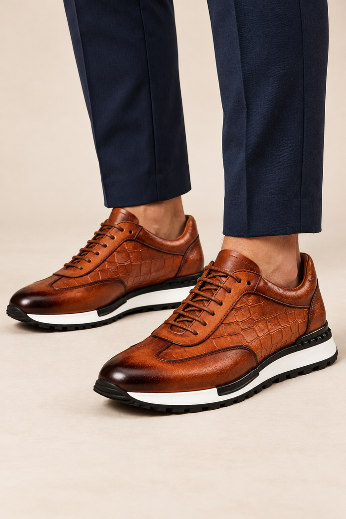 Harevi men's brown leather trainers - close-up on foot