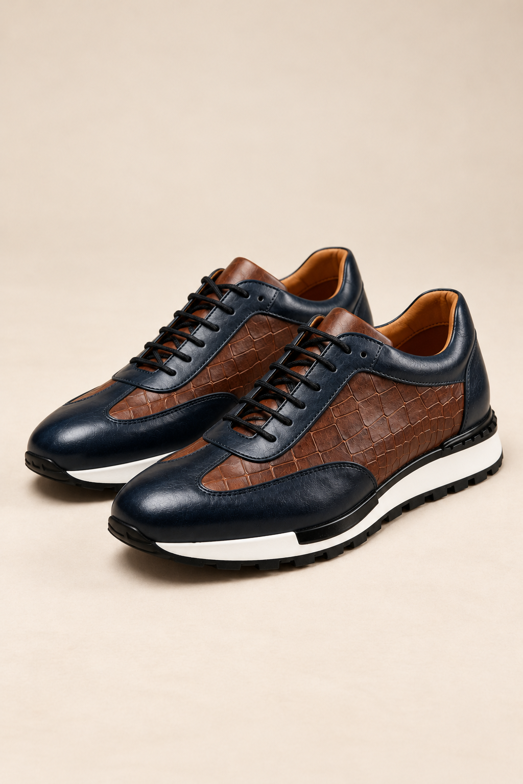 Men's Leather Trainers - Textured Cushioned Insole Padded Ankle Collar - Navy product only