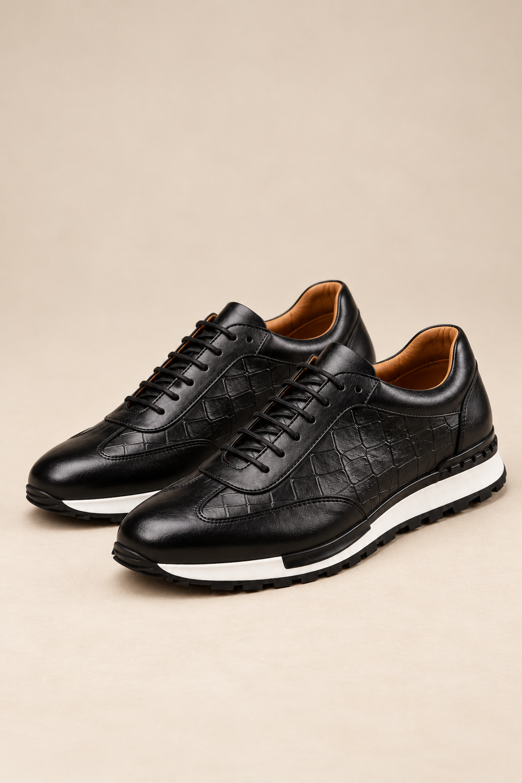 Men's Leather Trainers - Textured Cushioned Insole Padded Ankle Collar - Black product only
