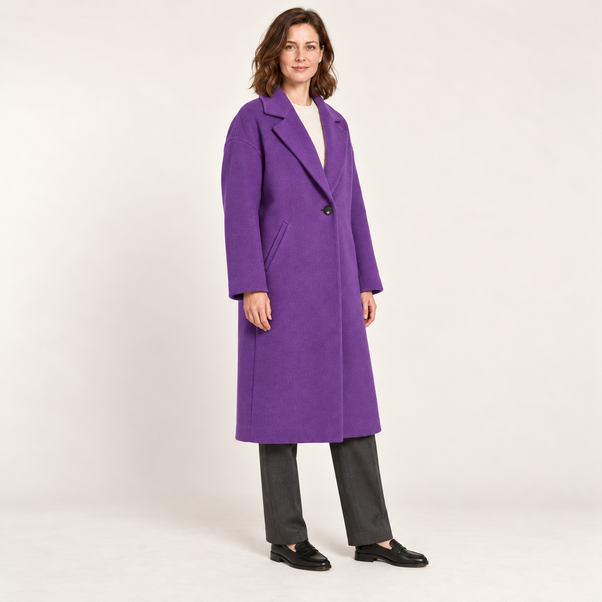 Purple coat – three-quarter view