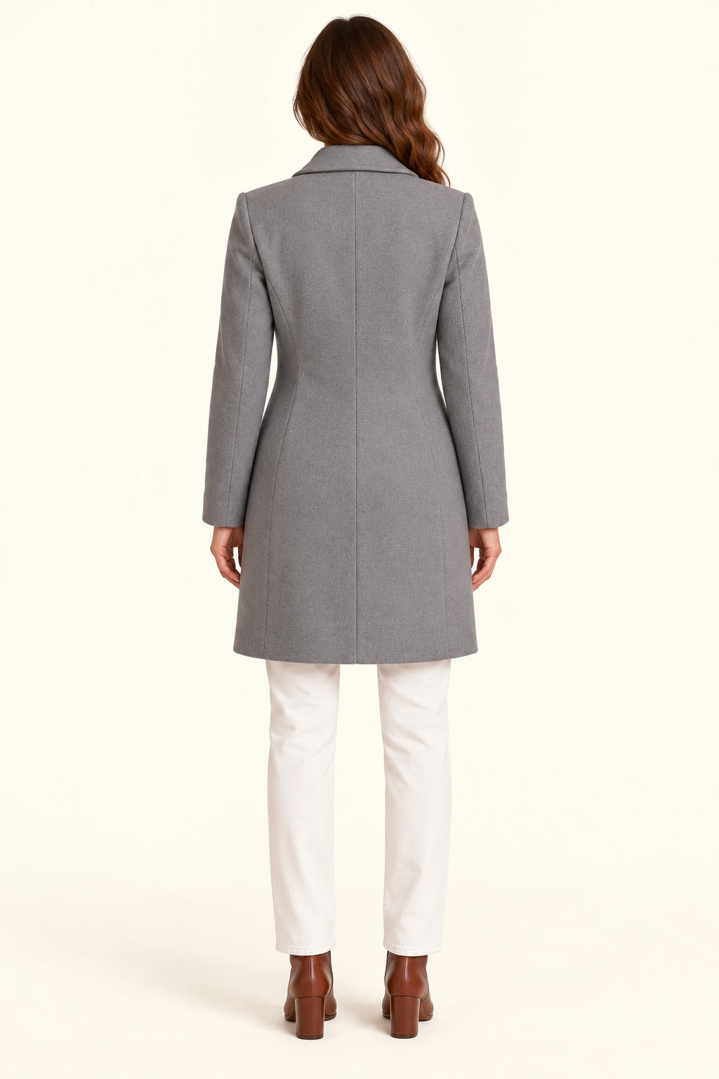Harevi Women's Long Double Breasted Coat - Grey back - derived construction