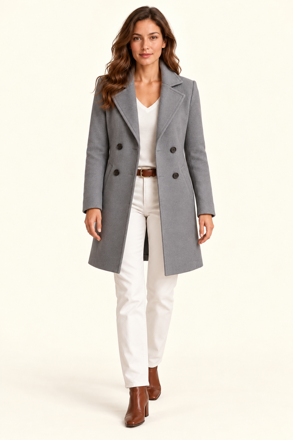 Harevi Women's Long Double Breasted Coat - Grey styling