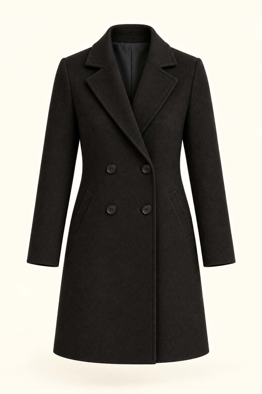 Harevi Women's Long Double Breasted Coat - Black ghost mannequin
