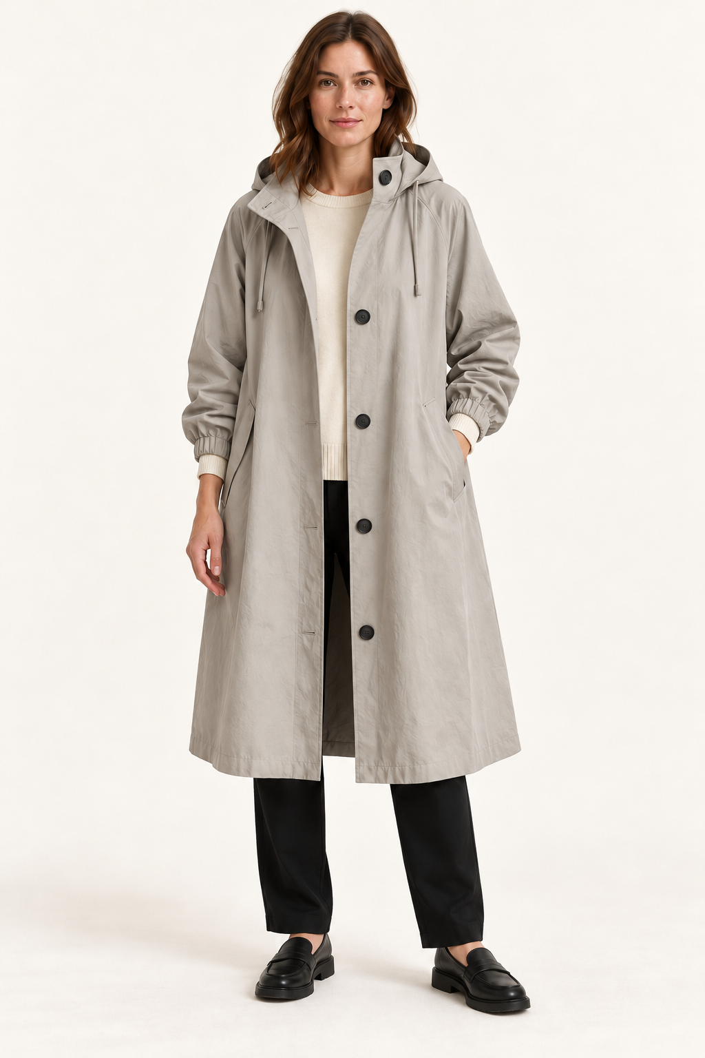 Harevi Women's Long Hooded Raincoat - Grey front